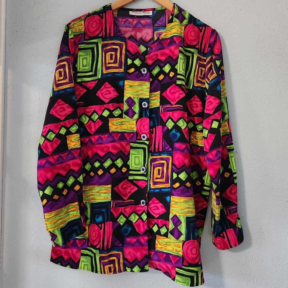 Vintage 80s Rebecca Malone Colorful Abstract Button Down Shirt